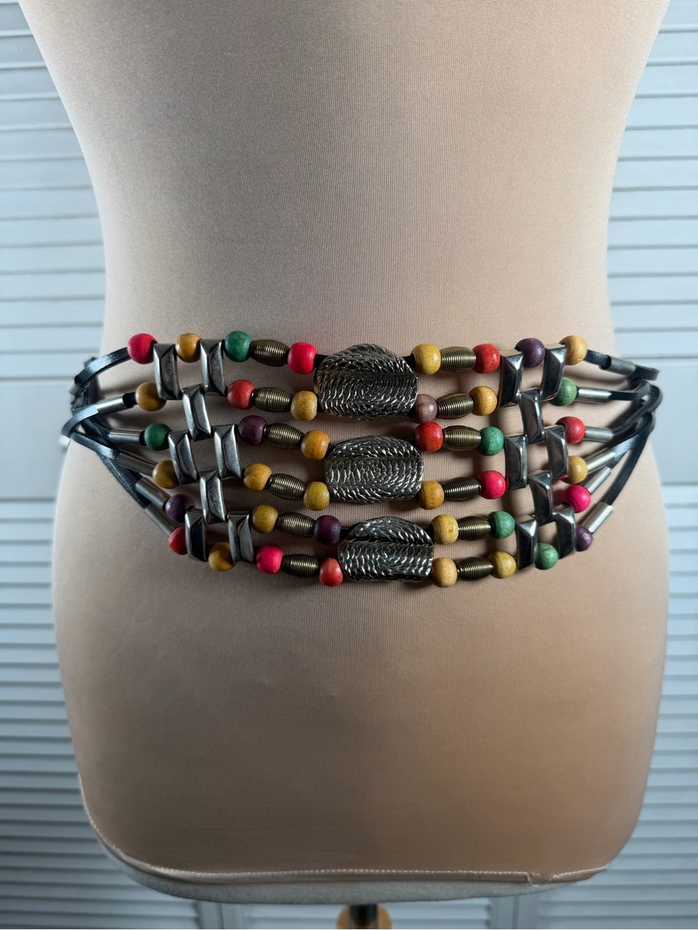 Vintage Boho Statement Wide Leather Belt Wood Bead Silver Adjustable Festival